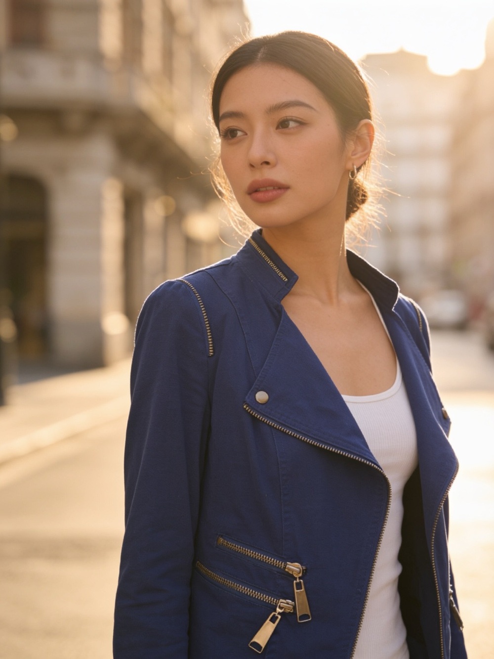 Insight New York Cotton/Linen Moto Jacket in imperial Blue w/Gold Tone Zippers.